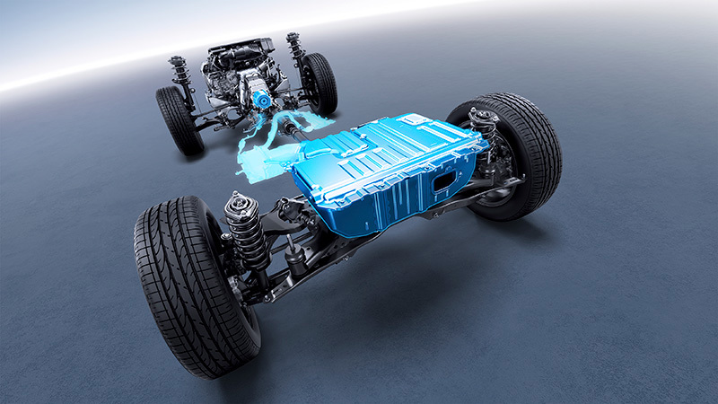Grafiska ilustrācija, kas parāda, kā Subaru boksermotors darbojas kopā ar elektromotoru – nodrošinot efektīvu jaudas pārnesi, mazākus izmešus un uzlabotu degvielas ekonomiju.