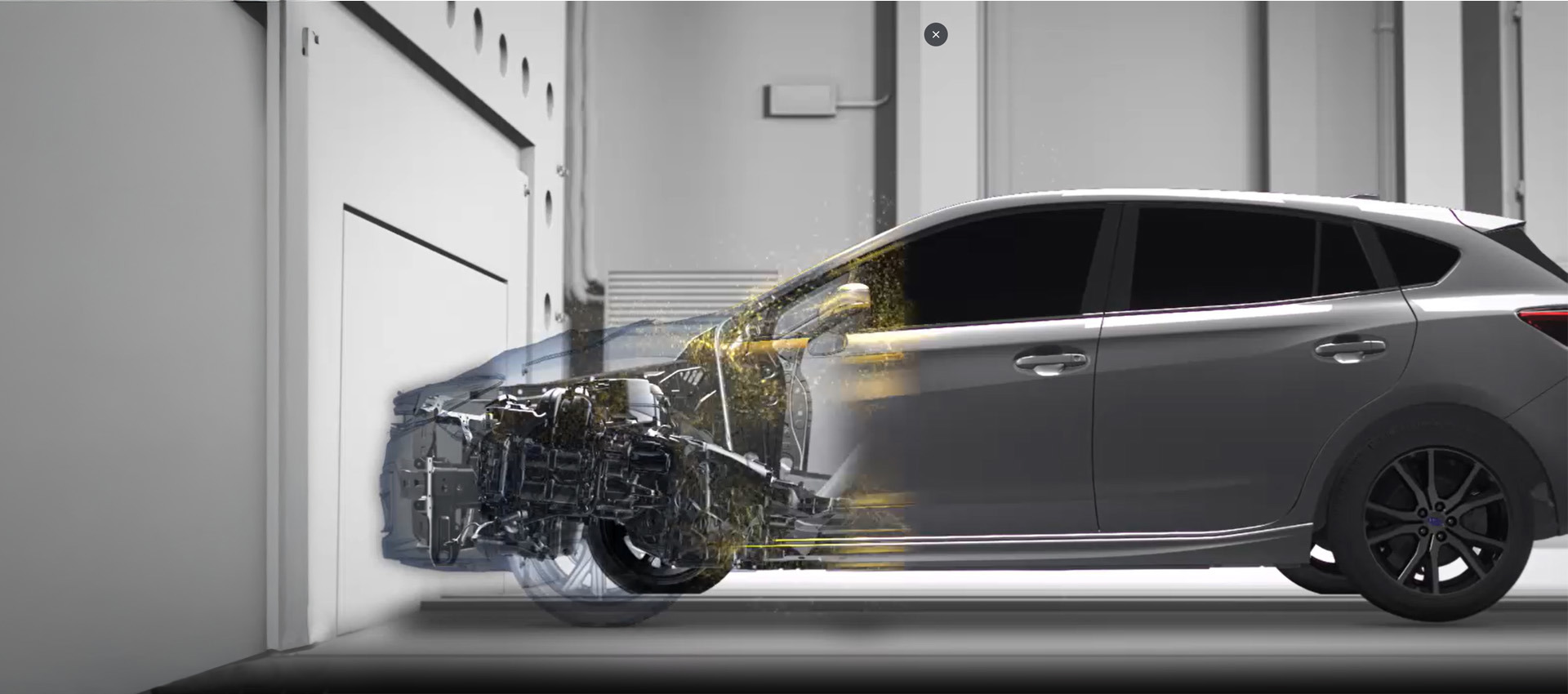 Subaru avārijas tests – automobilis tiek kontrolēti ietriekts sienā, lai pierādītu tā augsto drošību sadursmes gadījumā, aizsargājošo drošības karkasu un modernās pasīvās drošības sistēmas.